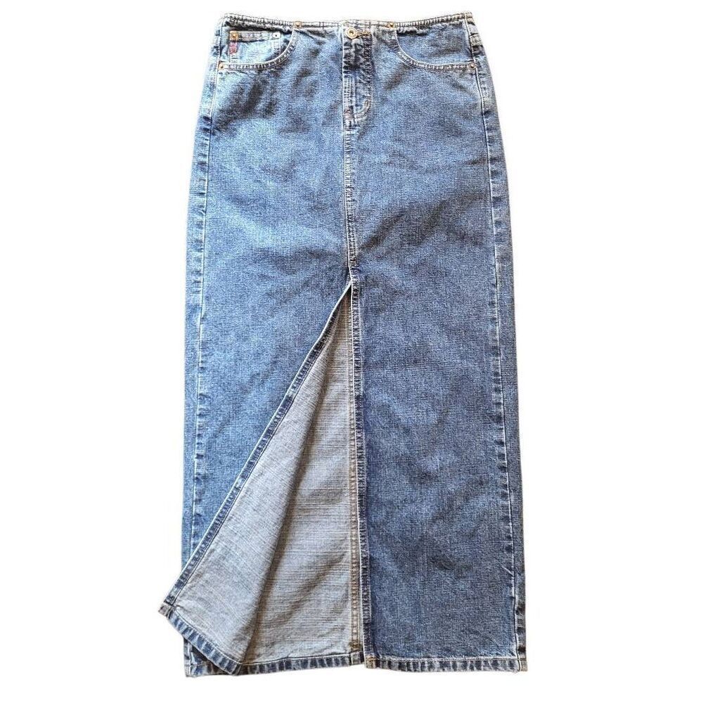 Vintage Y2K Aeropostale Skirt Women's 0 Blue Denim Jean Maxi Slit Straight